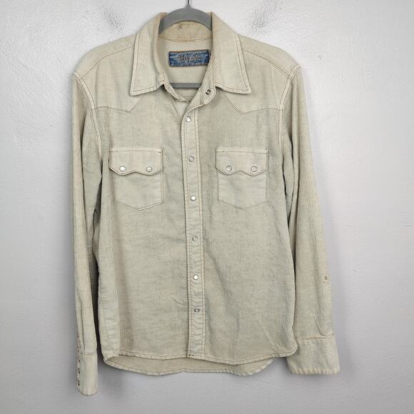 Vintage Hippie Corduroy Pearl Snap Shirt Mens Medium Cream Western Cowboy - Picture 1 of 10
